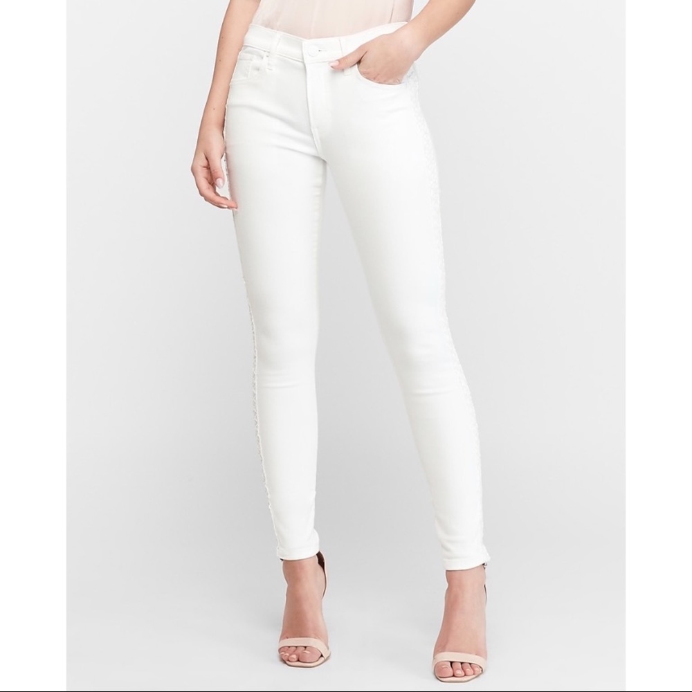 EXPRESS Mid Rise Embroidered Ankle Skinny Jeans